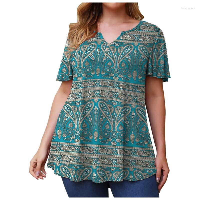 

Shirt Women's Plus Size Summer Woman Loose Vintage Short Sleeve Button Printed Tshirts Female Fat MM Women Clothing Large Tops, Black