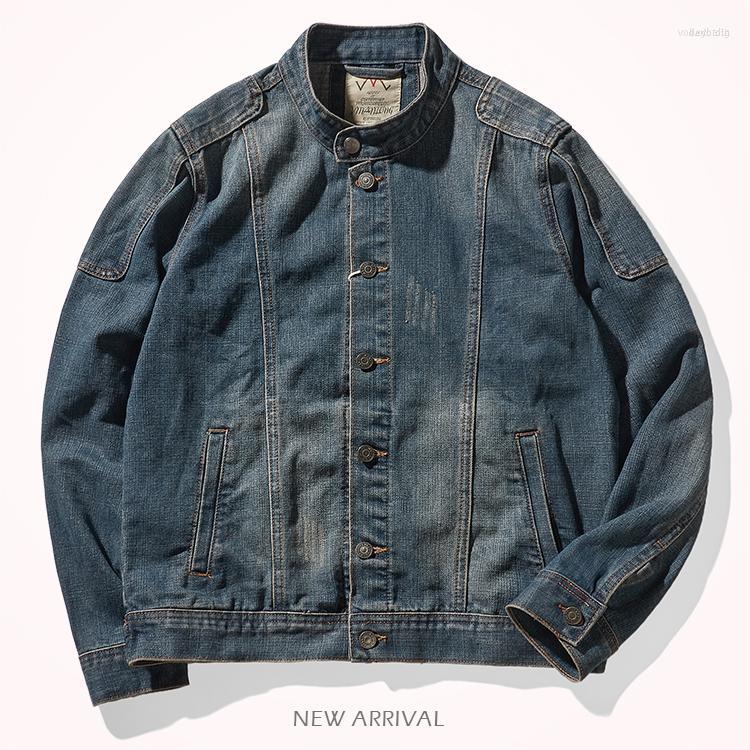 

Men's Down Men's Autumn American Retro Motorcycle Denim Cargo Jacket Men's Fashion Pure Cotton Washed Old Stand Collar Casual, Blue