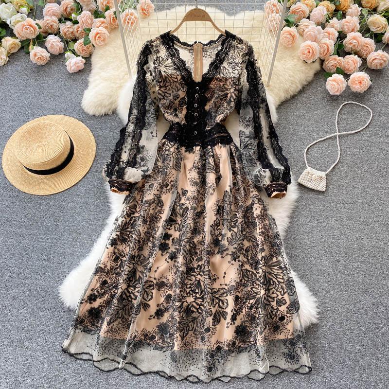 

Casual Dresses Banulin Spring Fashion Runway Party Dress Women V-neck Black Lace Patchwork Mesh Embroidery Sequins Midi Vestidos N69950