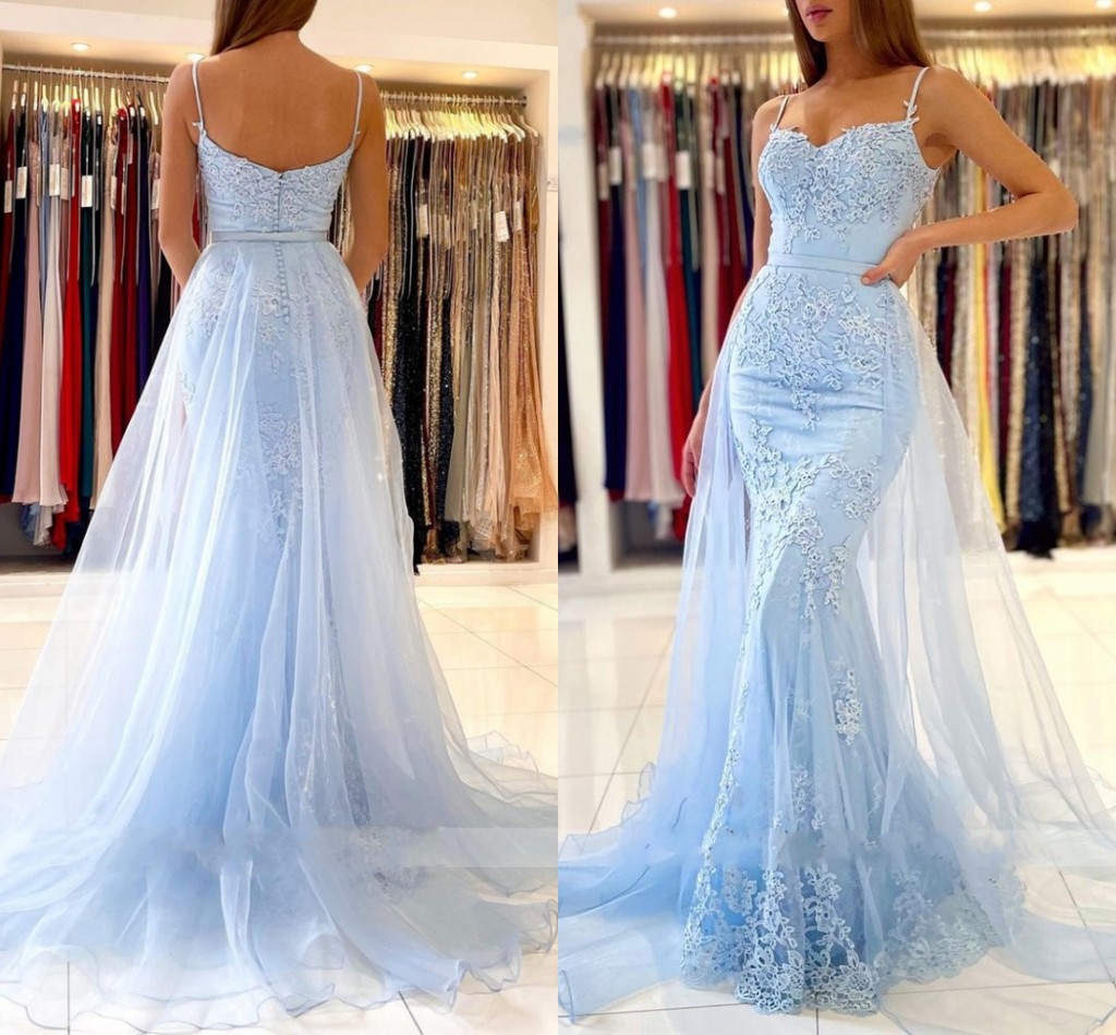 

Light Blue Mermaid Prom Dresses Long Sweetheart Appliques Lace Evening Dresses 2023 Detachable Tulle Train Formal Party Gowns Vestidos Gala Robes De Soiree, Champagne