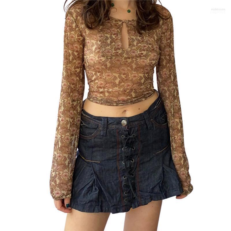 

Women' T Shirts Women' T-Shirt Hirigin Brown Floral Print Vintage Mesh Tops Cropped Fairy Grunge Aesthetic Cute Baby Tee Y2K Fashion, As photo shows