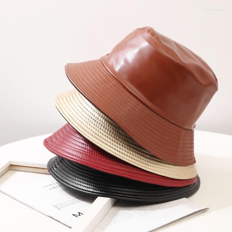 

Berets Faux Leather Bucket Hat Men And Women Reversible Pu Cotton Solid Sun Girl Fashion Fisherman Hats Double-Sided Couple
