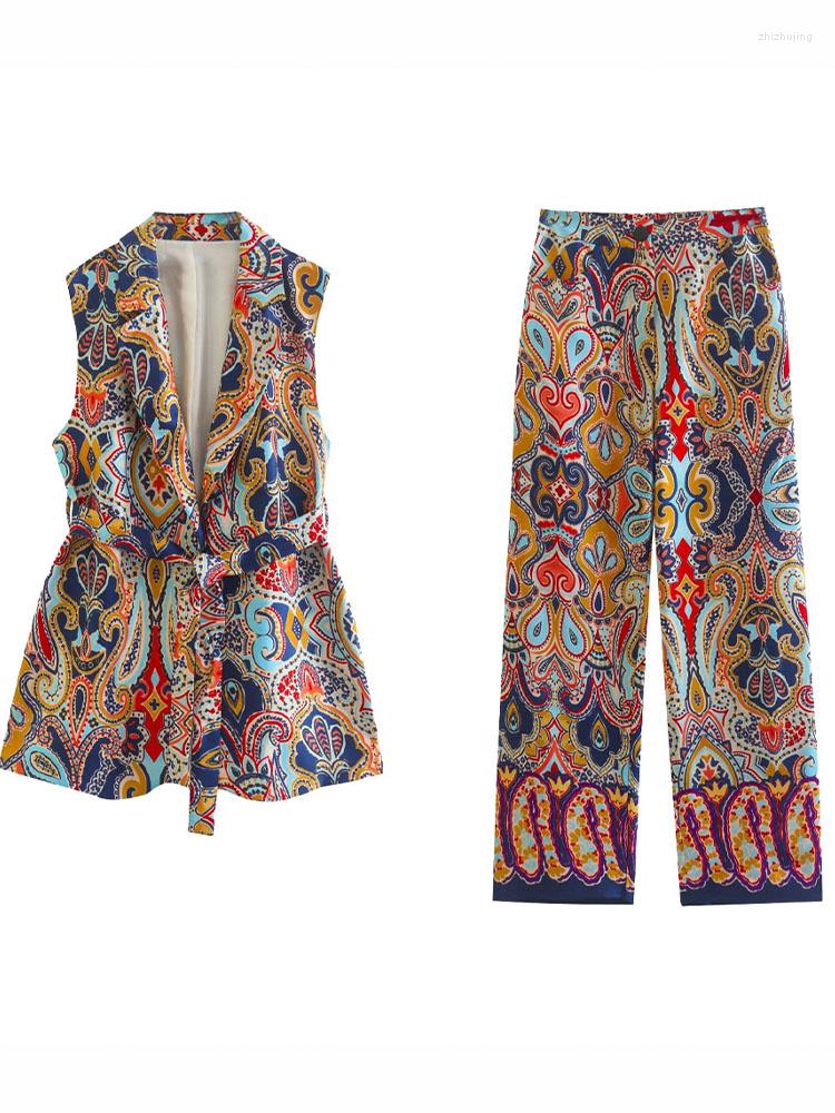 

Women's Vests Women 2022 Leisure Fashion With Belt Print Vest Coat Vintage Sleeveless Suit Collar Female Waistcoat Chic Tops, Pants