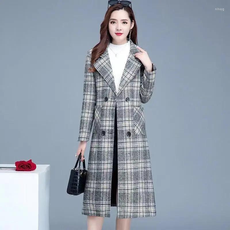 

Women's Trench Coats Women Wool Coat 2022 Autumn Winter Jacket Female Windbreakers Plaid Double-breasted Long Woolen Women's Clothing