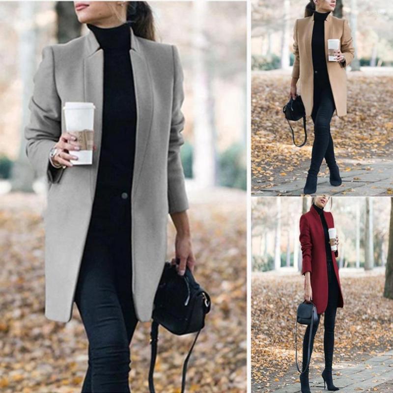 

Women's Wool Fashion Women Winter Solid Long Sleeve Jacket Stand-up Collar Faux Coat, Khaki