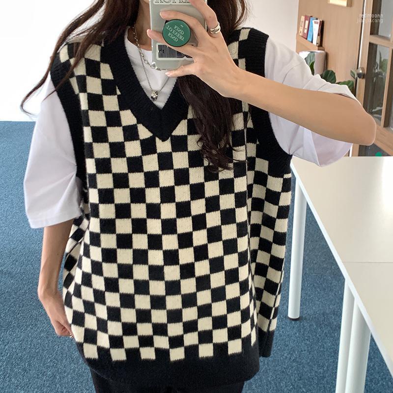 

Women's Vests Women's Vintage Black And White Plaid Sweater Vest 2022 Autumn Winter Clothes Tops Women Sleeveless V-Neck Knitted