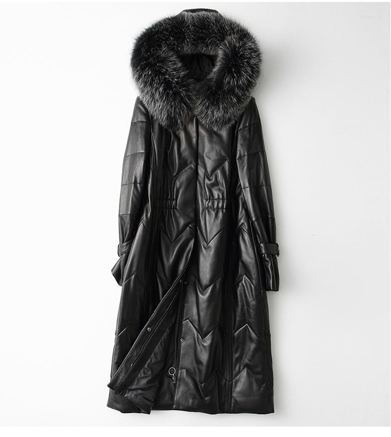 

Women's Leather Genuine Lamb Jacket X-long Women's Down Coat With Fur Hood Edge Sheepskin Wholesale Retail OEM, Picture shown