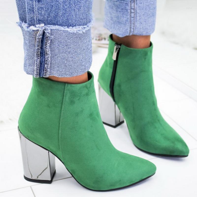 

Boots Women's Pointed High Heels Shoes Solid Color Leather Ankle Female Fashion Thick Heel Side Zipper Women, A-green