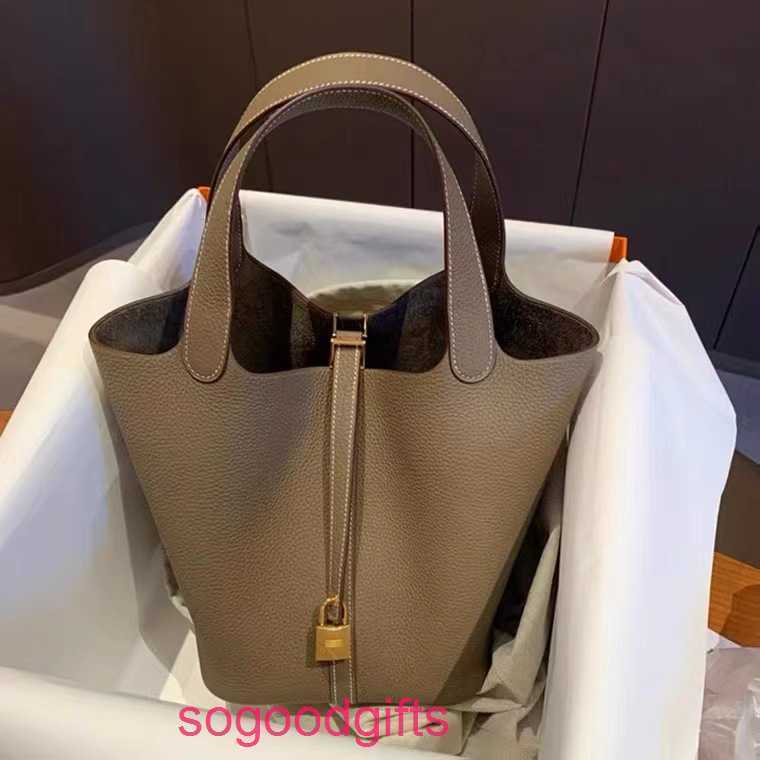 

H Handbag Designer Bags Women's Picotn Lock Handbags Tote Bag First Layer Kraft Vegetable Basket Bag New 2023 Korean Mother Pn Hoac, Elephant grey gold brown