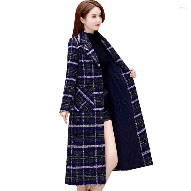 

Women's Wool 2022 Winter Plaid Woolen Coat Women Plus Cotton Thick Crude Tweed Lengthen Jacket Houndstooth Outerwear Middle-Aged Female JH36, Blue