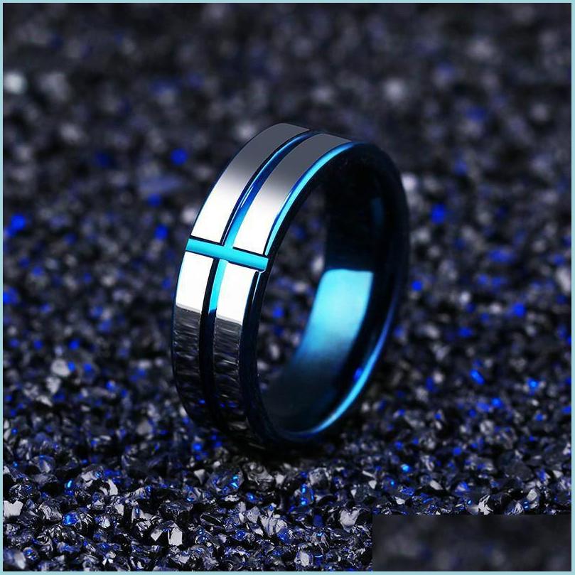 

Band Rings Oumart Male Blue Tungsten Steel Ring Cross Model Men Jewellry Accessories Gifts For Mens Rings Stainless Band Drop Deliver Dh67I