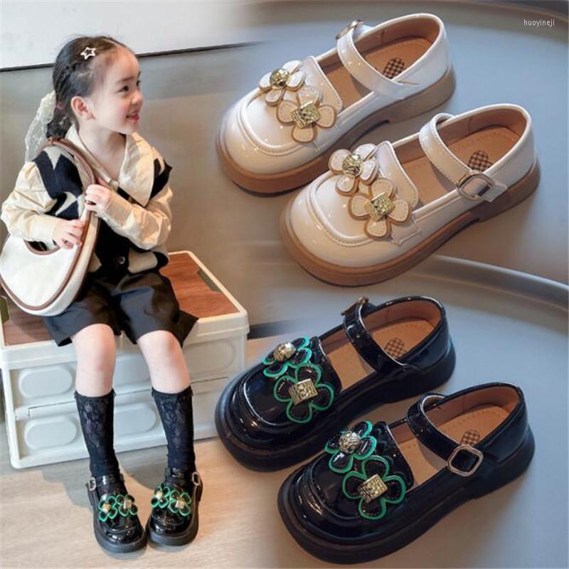 

Shorts Flower Girls Black Loafers Round Toe Kids Princess Shoe Children PU Leather Flats