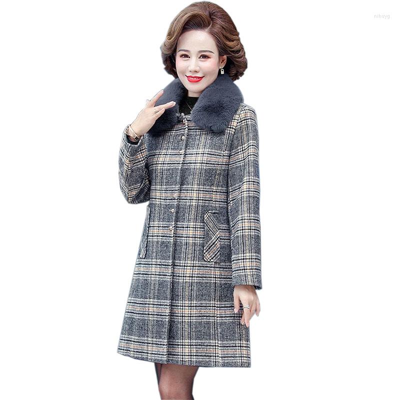 

Women's Trench Coats 2022 Plaid Woolen Coat Women Autumn Winter Add Cotton Thicken Fur Collar Jacket Fashion Mother Costume KW1070, Black