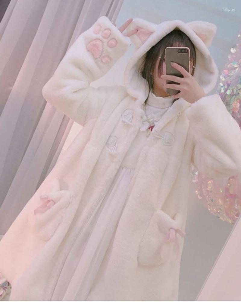 

Women' Fur Kawaii Bear Ear Hooded Coat Women Autumn Winter Warm Outerwear Overcoat Female Poncho Lolita Fashion Fluffy Jacket, White