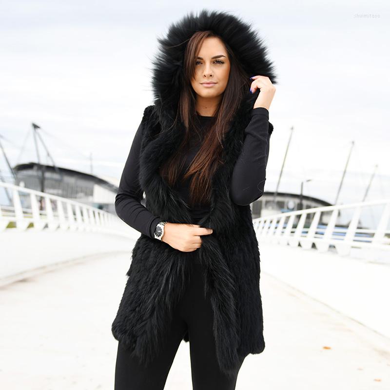 

Women' Vests CX-G-B-68A Real Ladies Genuine Knitted Fur Vest With Raccoon Trimming Waistcoat Winter Jacket, Black