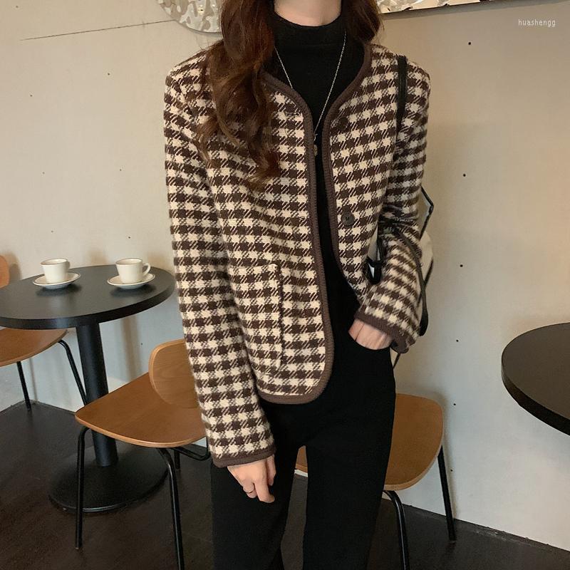

Women's Wool Women's & Blends 2022 Autumn Winter Chic Vintage Plaid Cropped Coat O-neck Single Breasted Long Sleeve Jacket Korean OL, Black