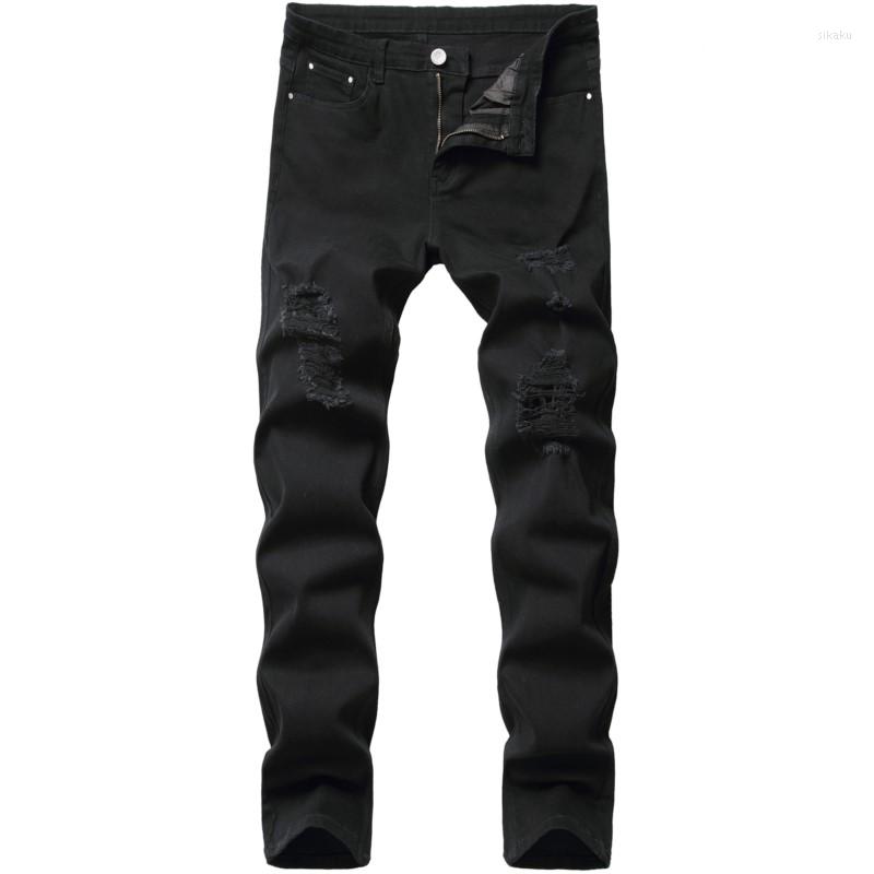 

Men's Jeans High Quality Men Casual Black Ripped Fashion Straight Slim Hole Cotton Stretch Homme Streetwear Male Denim Pants