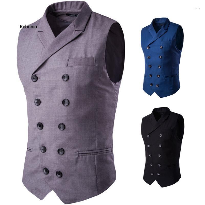 

Men's Vests Men's Clothing Slim Masculino Cotton Double Breasted Sleeveless Jacket Waistcoat Suit Collar Men Vest, Black