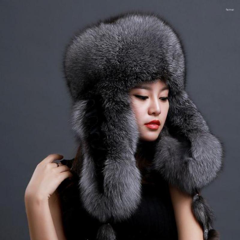 

Berets Silver Hat Ladies Winter Authentic Fur Windproof And Warm 2022 Russian Ski Cap Bomber Raccoon Fashion