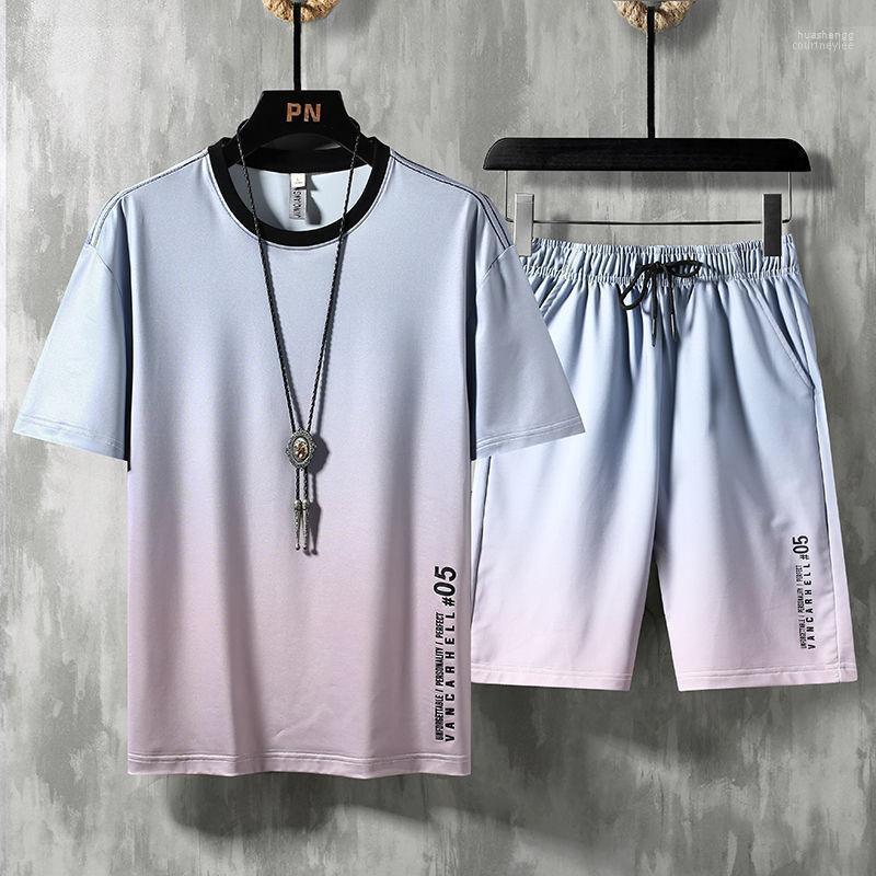

Men's Tracksuits Men's Summer Thin Ice Silk Casual Suit Fashion Trend Gradient Loose Large Plate Short Sleeve Shorts Two Pieces, Gradient gray g162