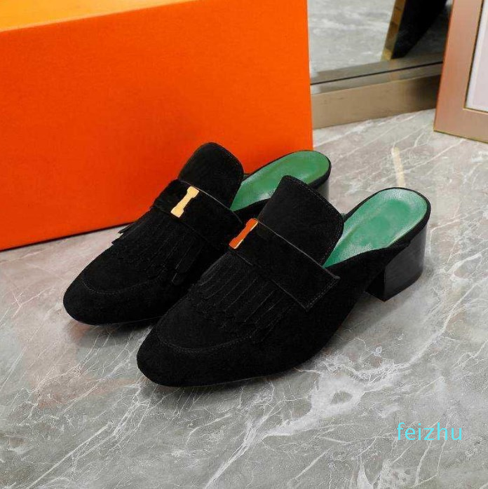 

Blossom Designer Shoes Women Mules Loafers Genuine Leather High Heels Metal Chain Mule Black Princetown Slippers