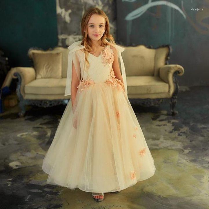 

Girl Dresses Ankle Length Flower V Neck Appliques Big Bow Spaghetti Straps Sleeveless Tulle Princess Dress, Ivory
