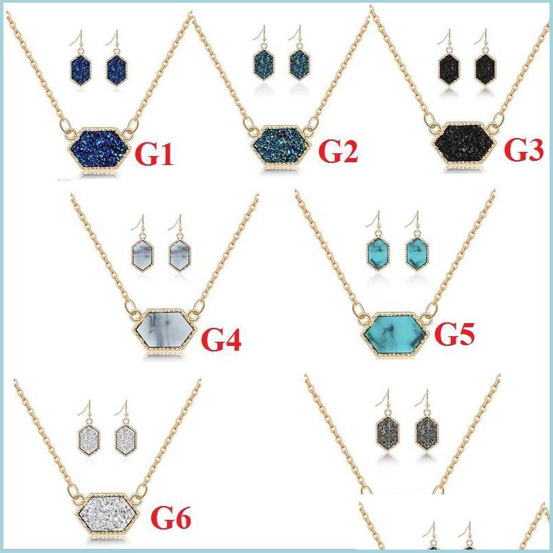 

Earrings Necklace Oval Drusy Druzy Necklace Dangle Earrings Jewelry Set Gold Plated Druse Choker Women Wedding Party Drop Delivery Dhp9K, As picture