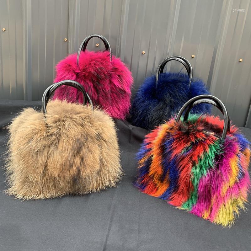 

Evening Bags Fur Raccoon Tote Bag For Women Luxury Design Large Capacity Real Soft Fluffy Warm Clutch, Beige