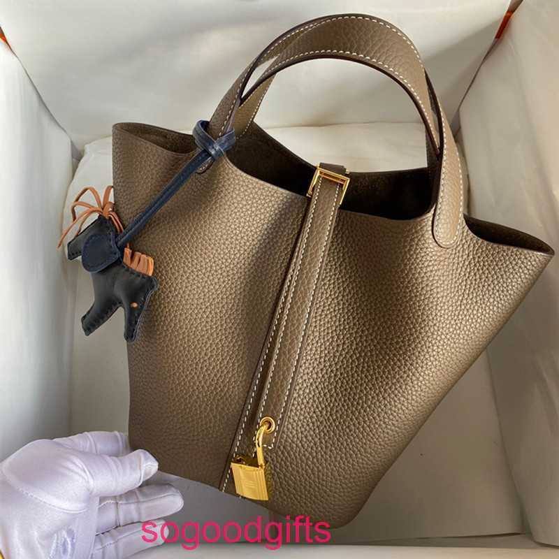 

H Handbag Designer Bags Women's Lock Handbags Tote Bag High Order Manual Wax Line Basket Tc Leather Leisure High-end Pn Eu62, Black gold button