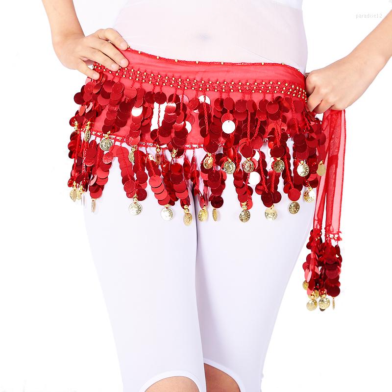 

Stage Wear Dance Hip Scarf Festival Wrap Skirt Chiffon Gold Conis Tassel Belly Dancing Performance Costumes, Black