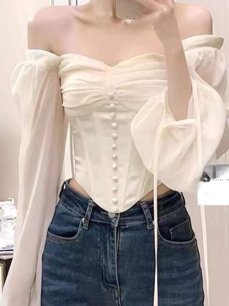 

Women' Blouses Summer Vintage Sweet Blouse Women Lace Patchwork Sexy Kawaii Tops Female Casual Bubble Sleeve Korean Fashion Elegant Top, White