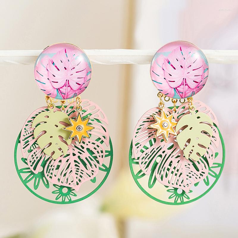 

Stud Earrings Bohemia Style Monstera Earring Tropical Leaves High Quatily Gold Color Pink Hanging Dangle Fashion Jewelry