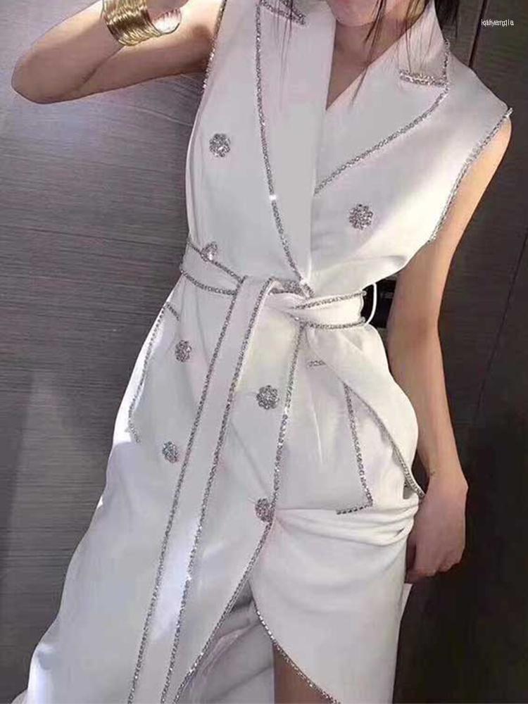 

Casual Dresses HIGH STREET Est 2022 Designer Women' Sleeveless Notched Collar Double Breasted Diamonds Beaded Belted Dress, Black