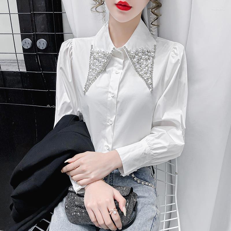 

Women' Blouses Rhinestone Pearls Shirt Woman Collar Pleated Slimming Long Sleeve Blouse Top 2022 Spring And Autumn Office Ladies Blusas, White