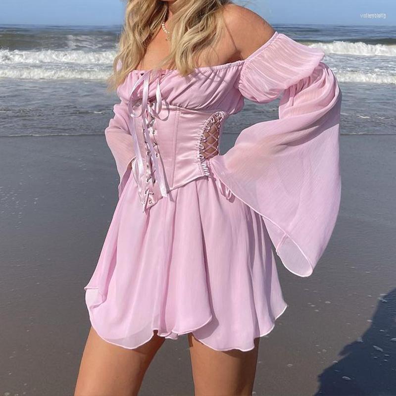 

Casual Dresses 2022 Women Fashion Elegant Chiffon Princess Dress Corset Bandage Hollow Bustier Prairie Chic Flare Sleeve 2 Pieces Set, Pink - only corset