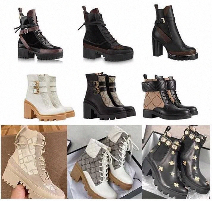 Women's ankle boot Designer Luxury Martin Desert Boots Beige and ebony 100% Genuine Leather quilted Lace-up Winter Shoes Rubber lug sole wit