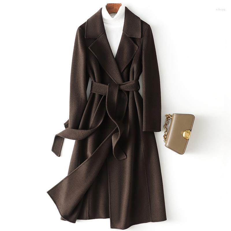 

Women' Wool 2022 Women Double-face Cashmere Coat Autumn Winter All-match Long Jackets Female Outerwear Belt Slim Solid Woolen Overcoat, Black