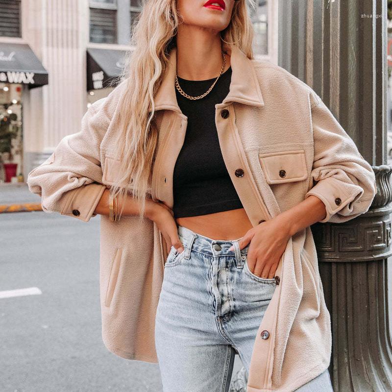 

Women' Jackets Elegant Soft Lambswool Coats Women Fashion Turn-down Collar Button Loose Outerwears Casual Long Sleeve Solid Color Tops, 01 brown