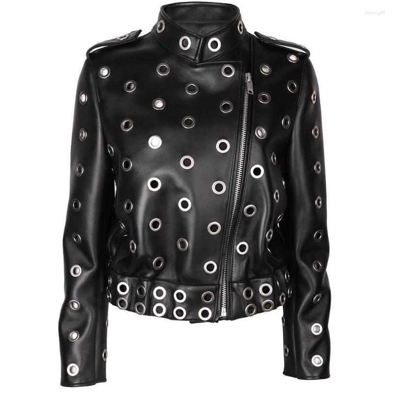 

Women' Leather YOLOAgain 2022 Autumn Real Jacket Women Fashion Hollow Out Rivet Motorcycle Biker Female, Black