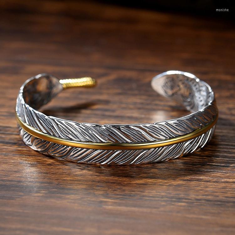 

Bangle Silver Color Grass Pattern Feather Bracelet Male Trendy Personality Wild Takahashi Goro Retro Opening JewelryBangle