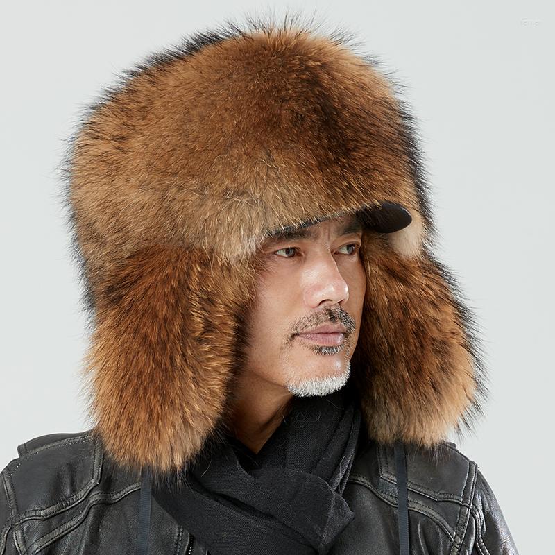 

Berets All Fur Real Raccoon Bomber Hat Winter Men Genuine Russian Ushanka Trapper Cap With Brim Design 2022, Black