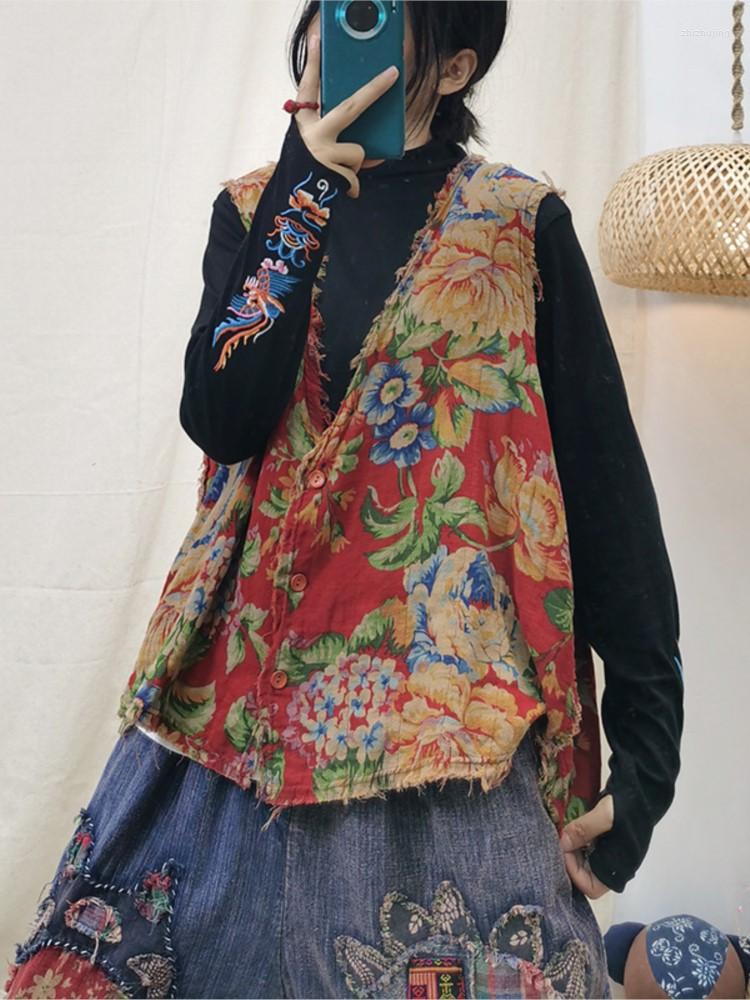 

Women's Vests Women Vest Coat 2022 Autumn Retro Casual Loose Tops Female V-Neck Button Sleeveless Print All-match, Figure 2