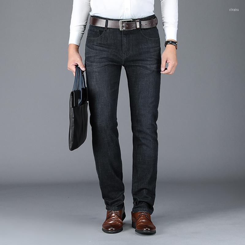 

Men's Jeans BROWON 2022 Autumn Winter Men Thick Cotton Business Casual Denim Trousers Male Mid Straight Solid Color Mens Loose, Black men jeans