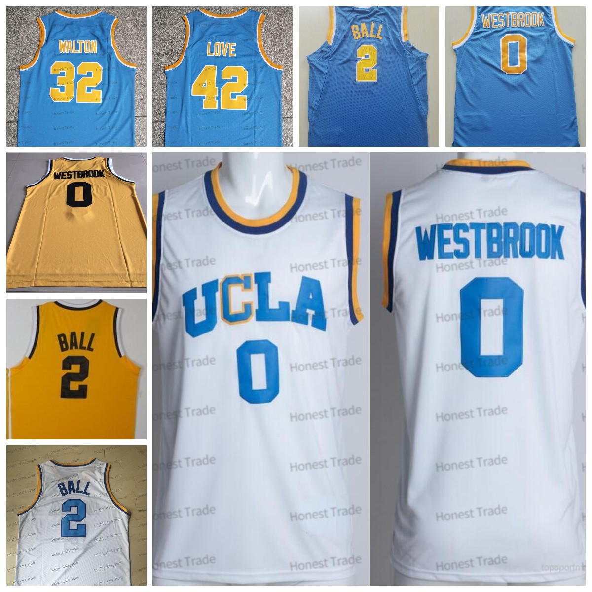 

42 Kevin Love Basketball Jersey 32 Bill Blue 0 Russell Walton Westbrook 2 Lonzo Ball NCAA UCLA Bruins College High School Blue White Mens Jerseys Stitched, Men jersey