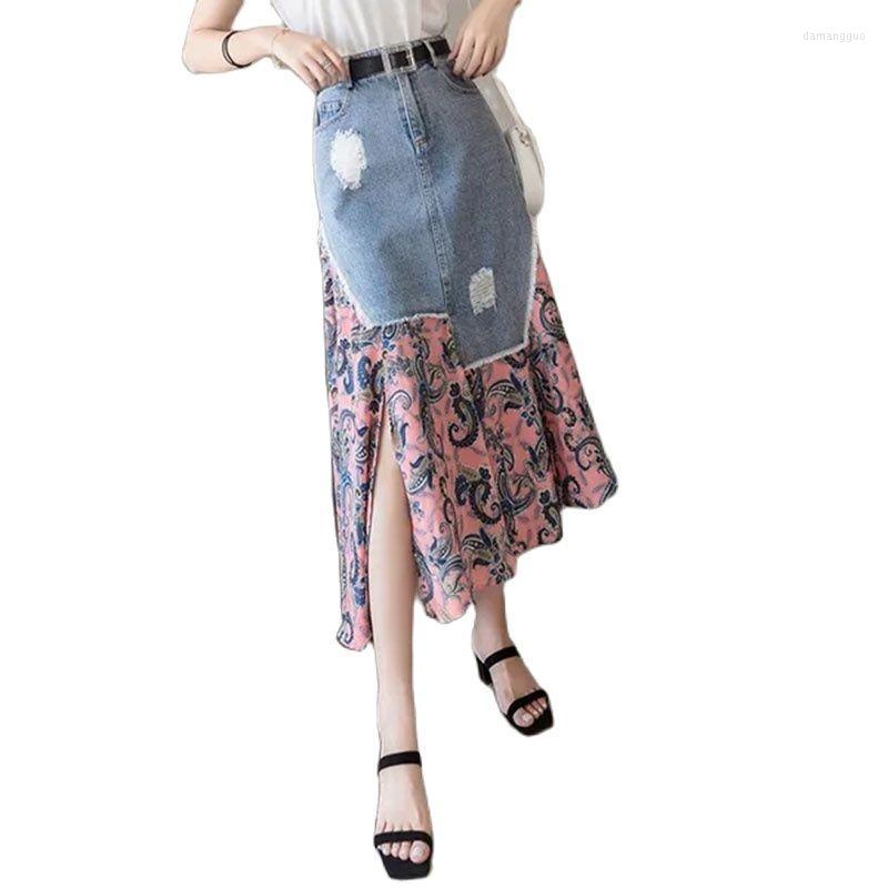 

Skirts 2022 Irregular Cowboy Splicing Chiffon Floral Women Skirt Fashion Mid-Length Summer Zipper All-Match Ladies Long, Denim fight pink