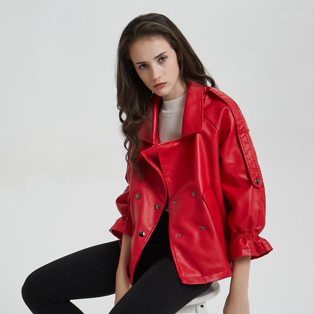 

Women's Leather European Station Fashion Brand Spring And Autumn Lapel Collar Jacket Female Trumpet Sleeves Pu Outerwear Wq1074, Red