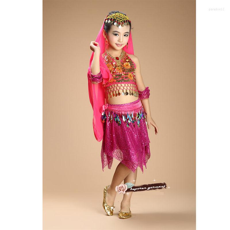 

Stage Wear Kids Belly Clothes Silk Veils Dance Set Top&Skirt With All Decoration Sari For Children Arabic Costumes, Blue