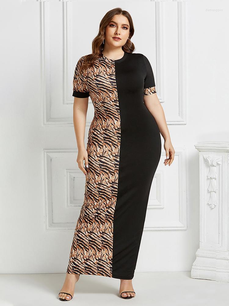 

Plus Size Dresses 2022 Leopard Print O-Neck Sexy Bodycon Long Dress Women Summer Female Fashion Casual Short Sleeve