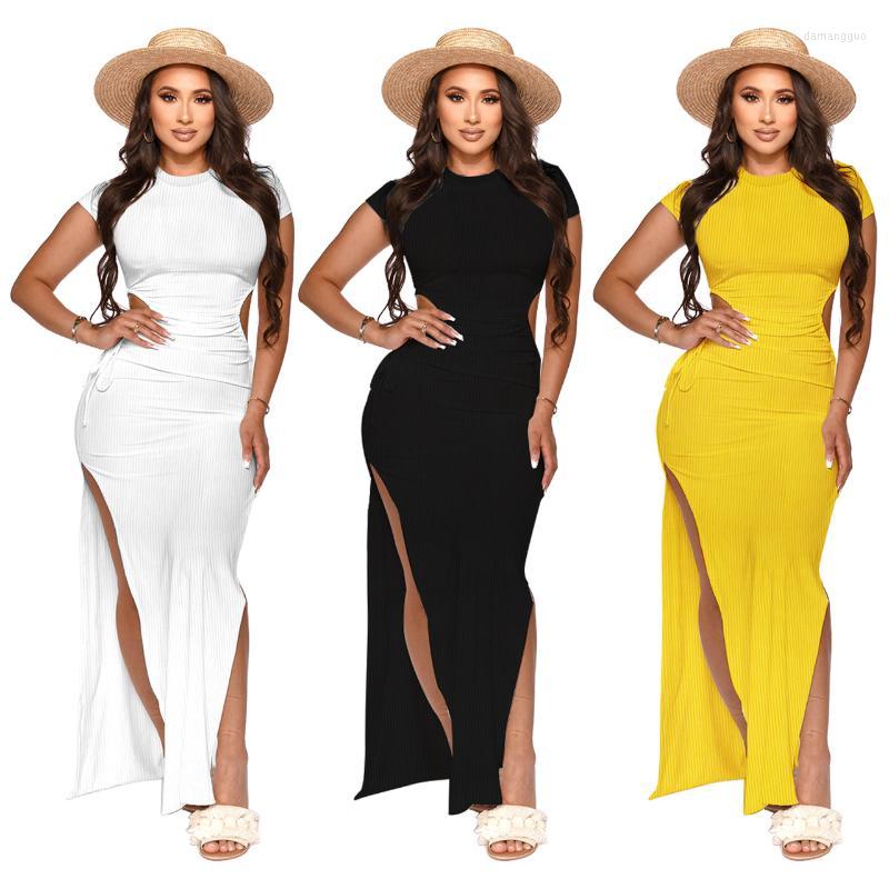 

Party Dresses Sexy High Slit Cut Out Knitted Dress Summer Short Sleeve Bodycon Long DressesParty, White