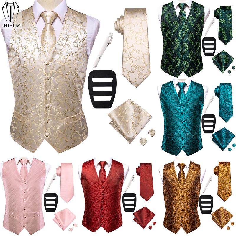 

Men's Vests Hi-Tie Brand Woven Silk Mens Waistcoat Jacket Necktie Hanky Cufflinks Tie Clip Set For Men Business Wedding Plus Size Gift, 0015